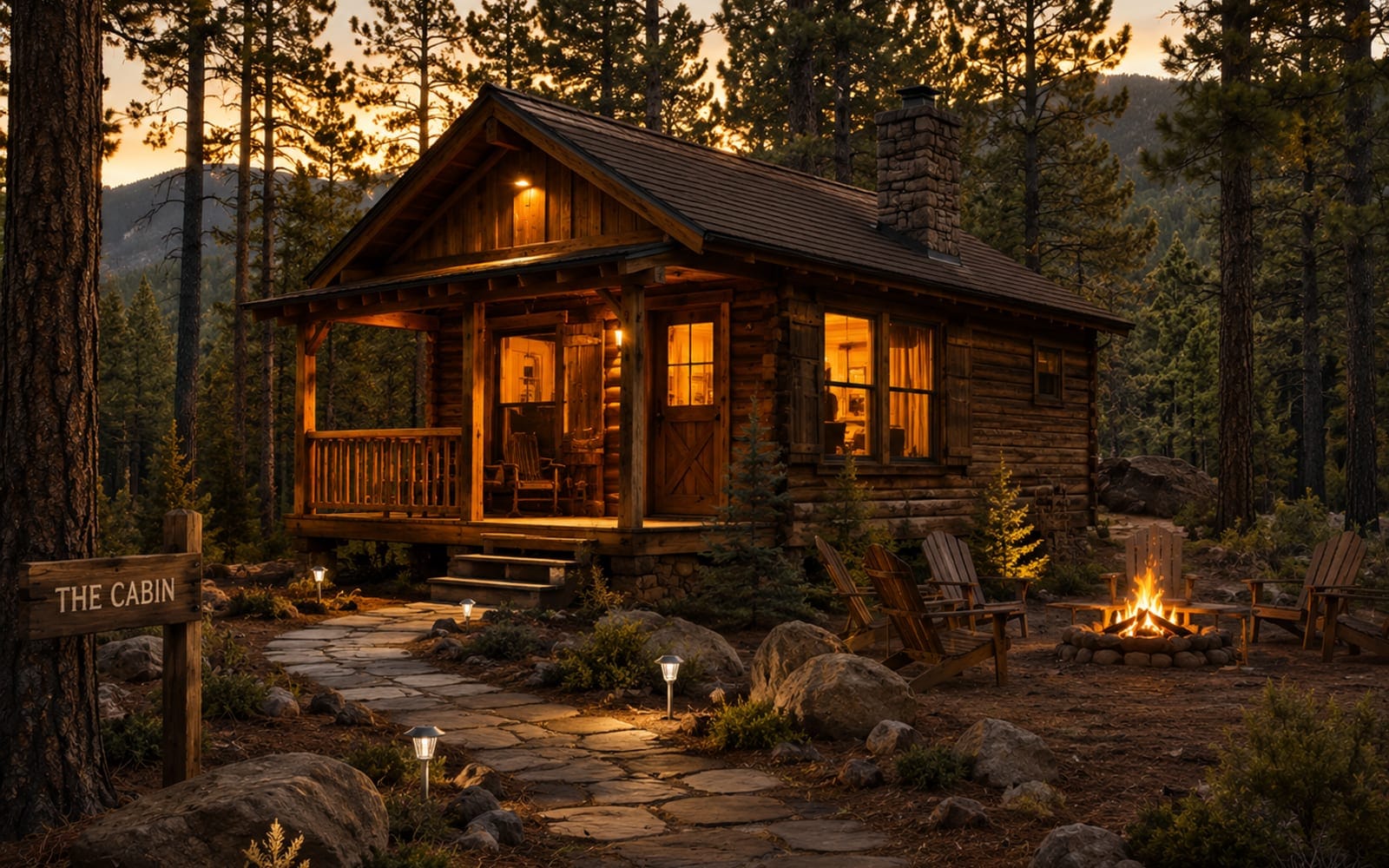 A log cabin among the pines at dusk, lamplight in the windows and a fire ring out front