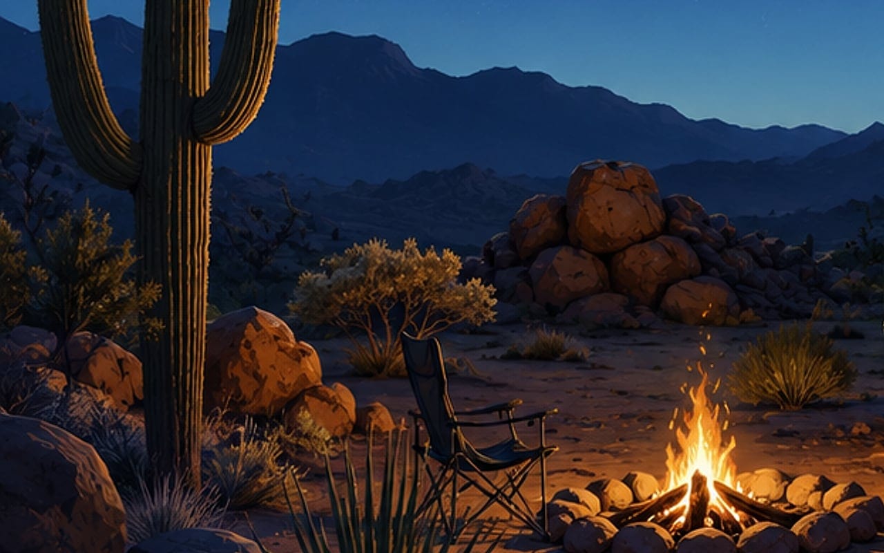 A campfire and a folding chair on open desert ground at nightfall, under the stars