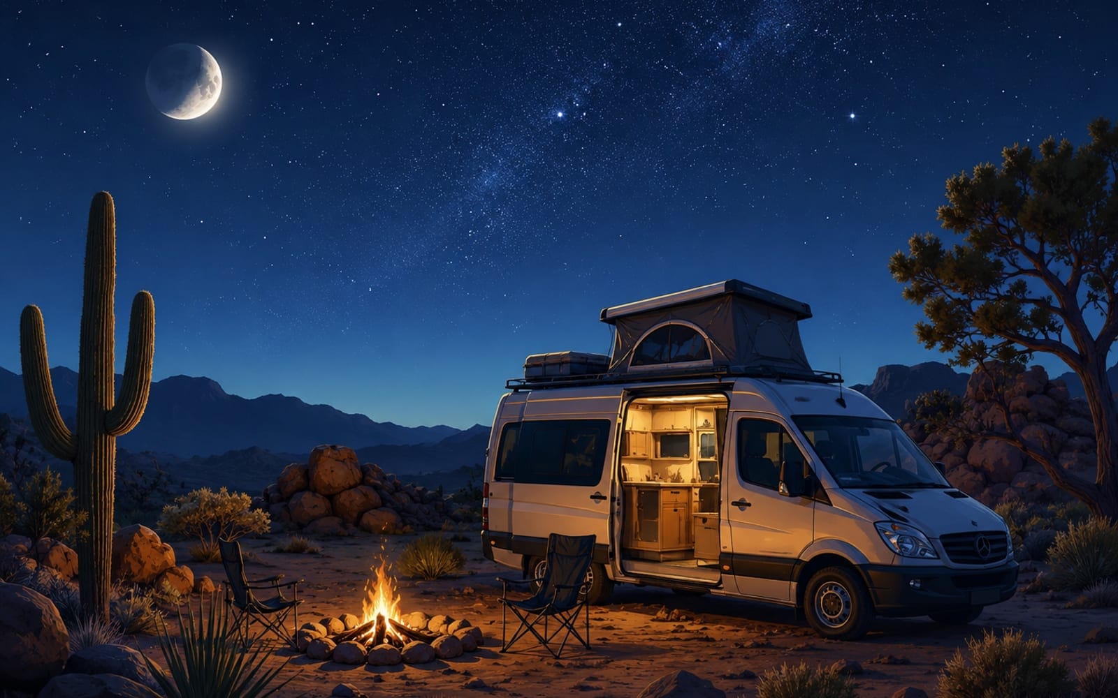 A camper with its door open under a starry desert sky, a campfire and two chairs beside it