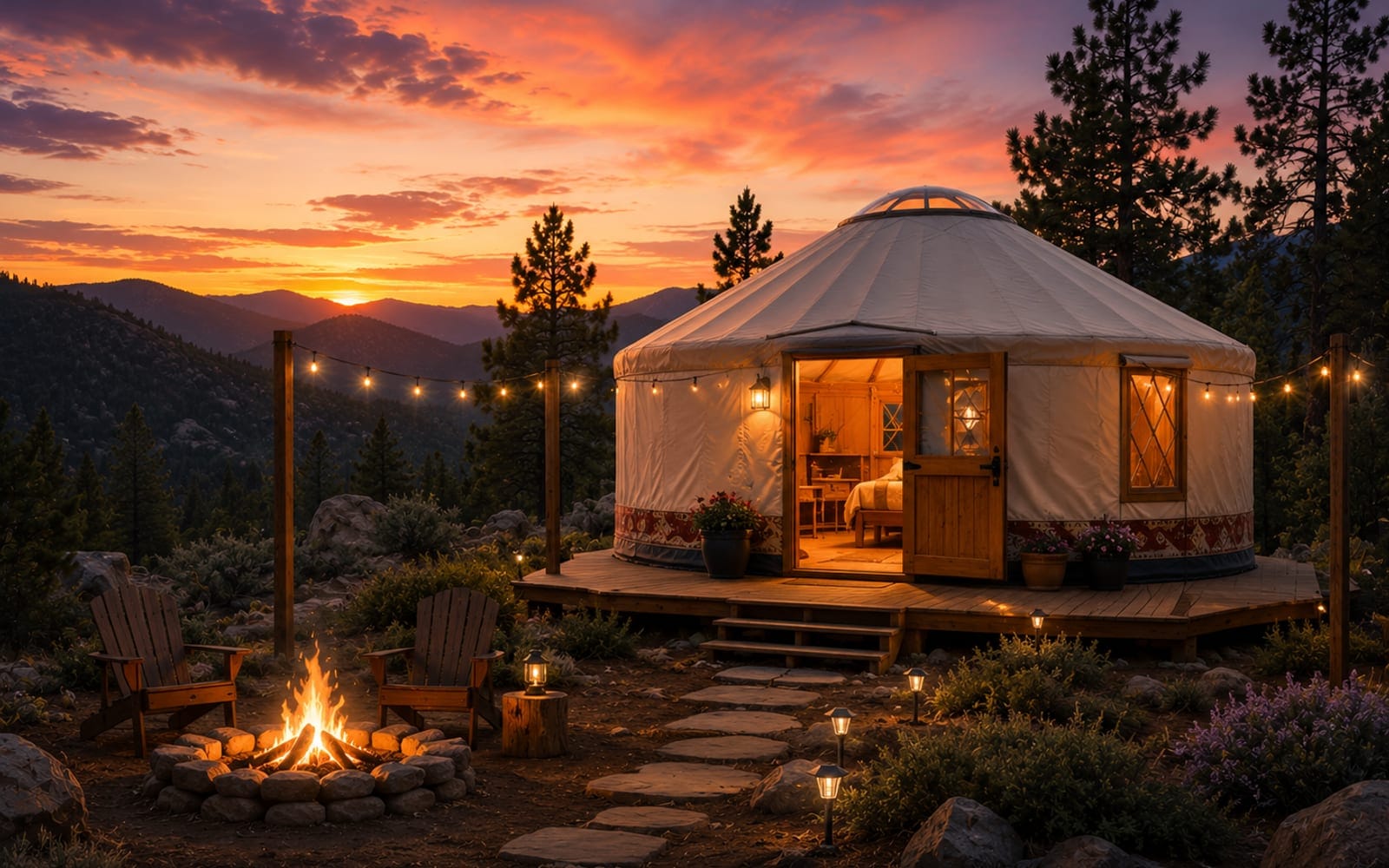 A canvas yurt on a timber deck at sunset, lit from within, with a fire ring and the ridgeline behind